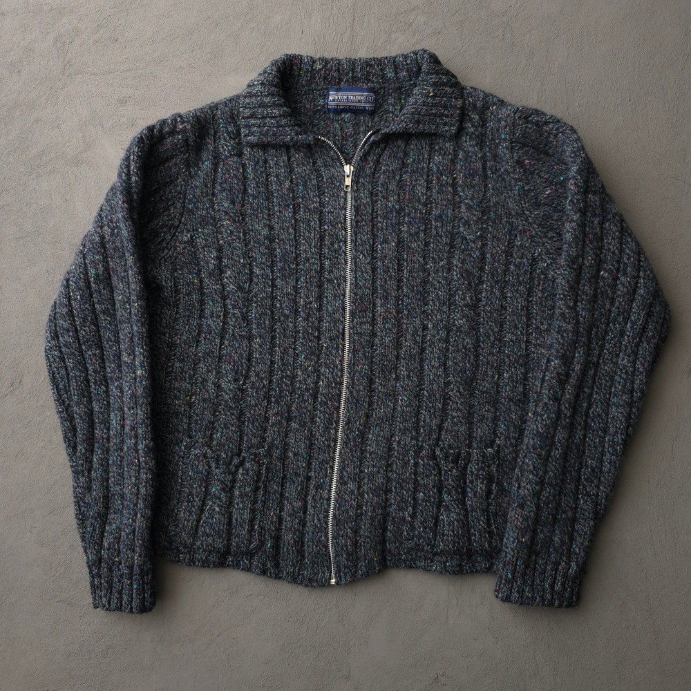 Vintage 80s Newton Trading Co. Grey Blue Full Zip Cardigan Sweater Large Wool